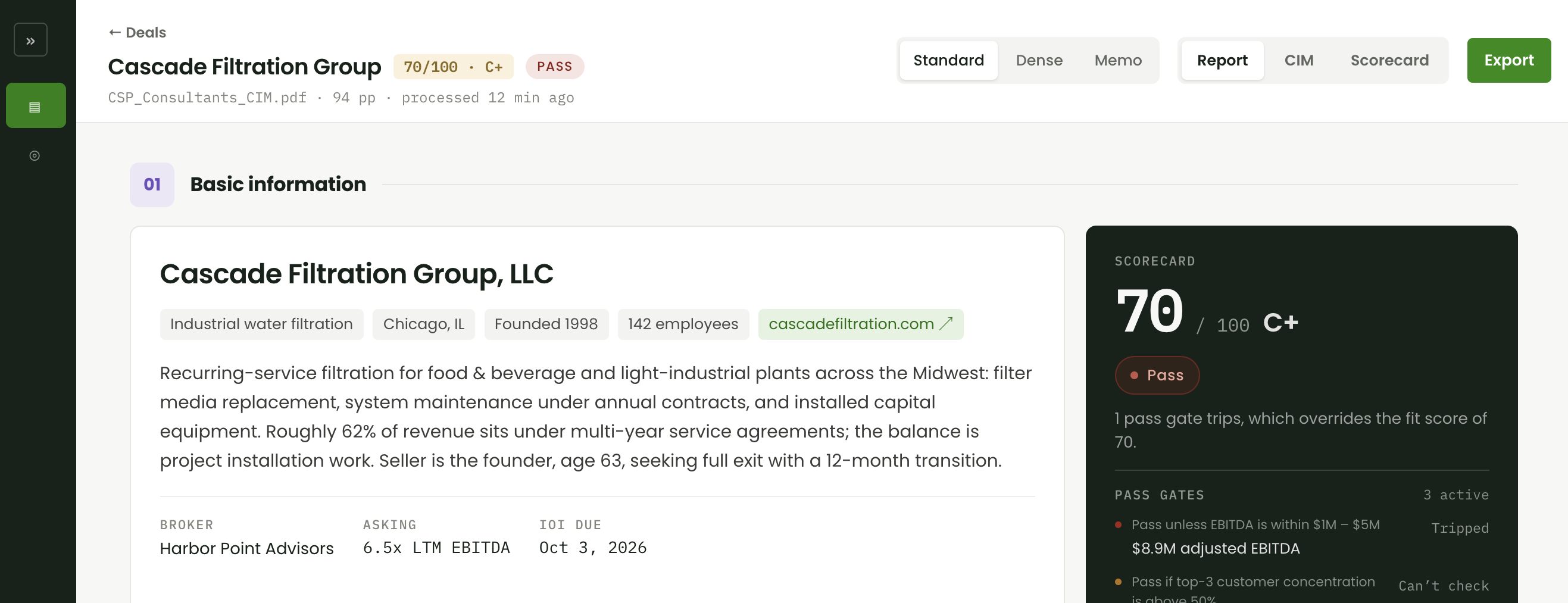 CIM Analyzer — a deal scored against the searcher’s own acquisition criteria, with pass gates flagged