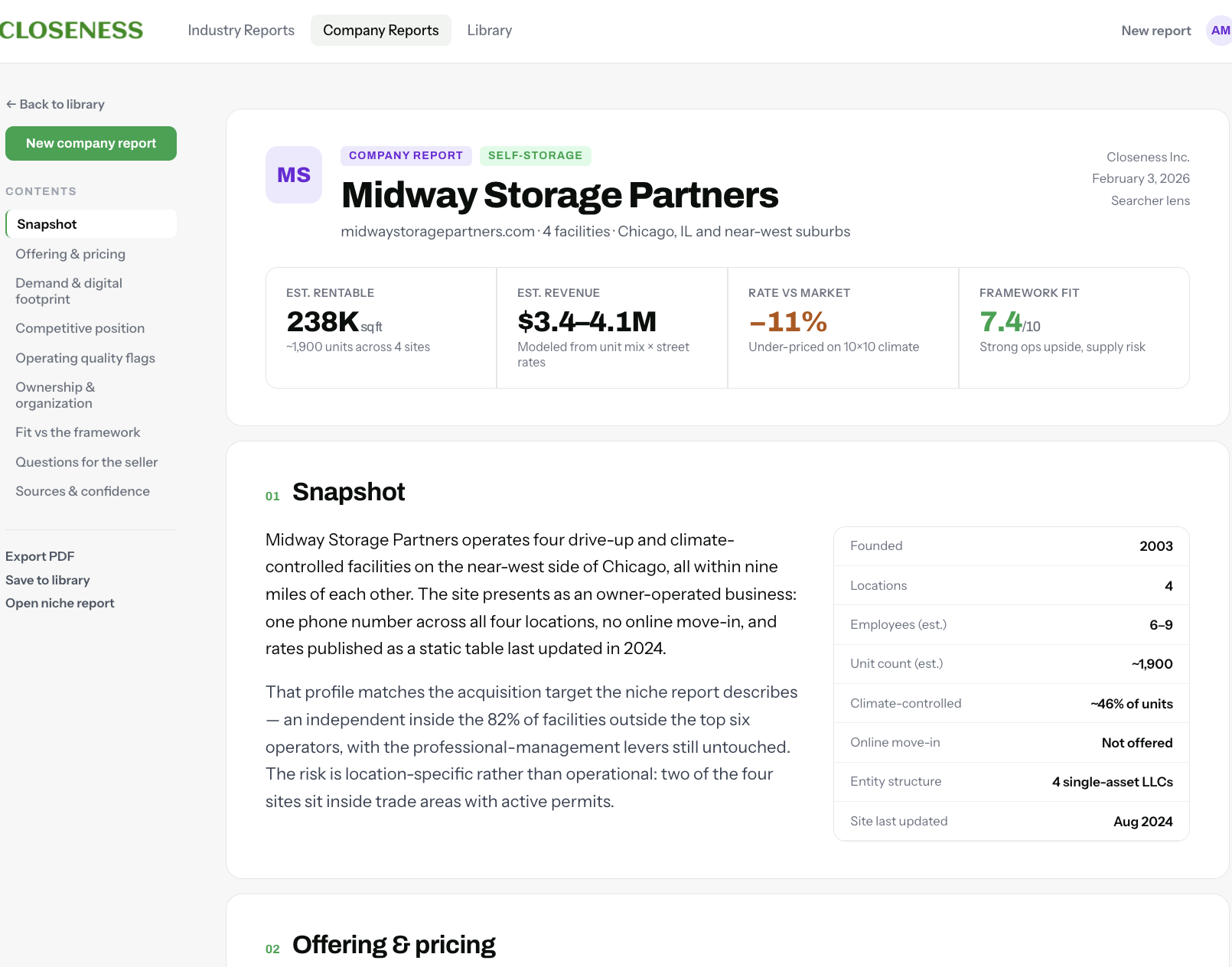 Report Builder — a company report structured for investors and lenders